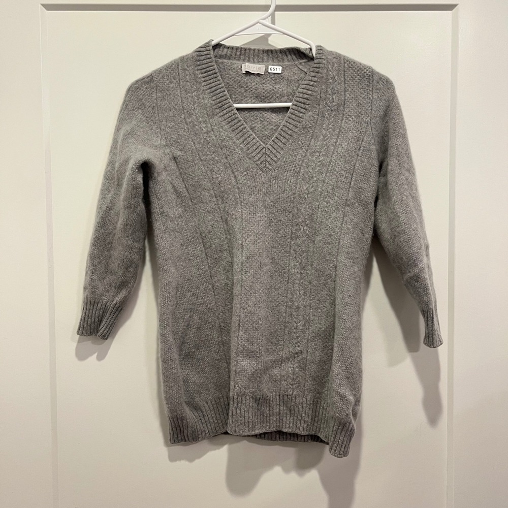 Barrie Scotland Gray 100% Pure Cashmere V-Neck Sweater 3/4 Sleeve Ribbed Knit S